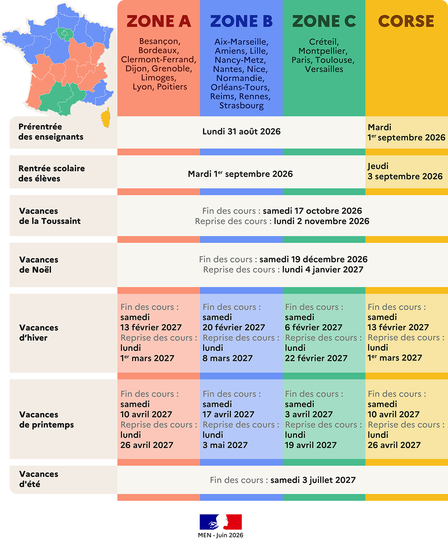 calendrier scolaire 2026 2027